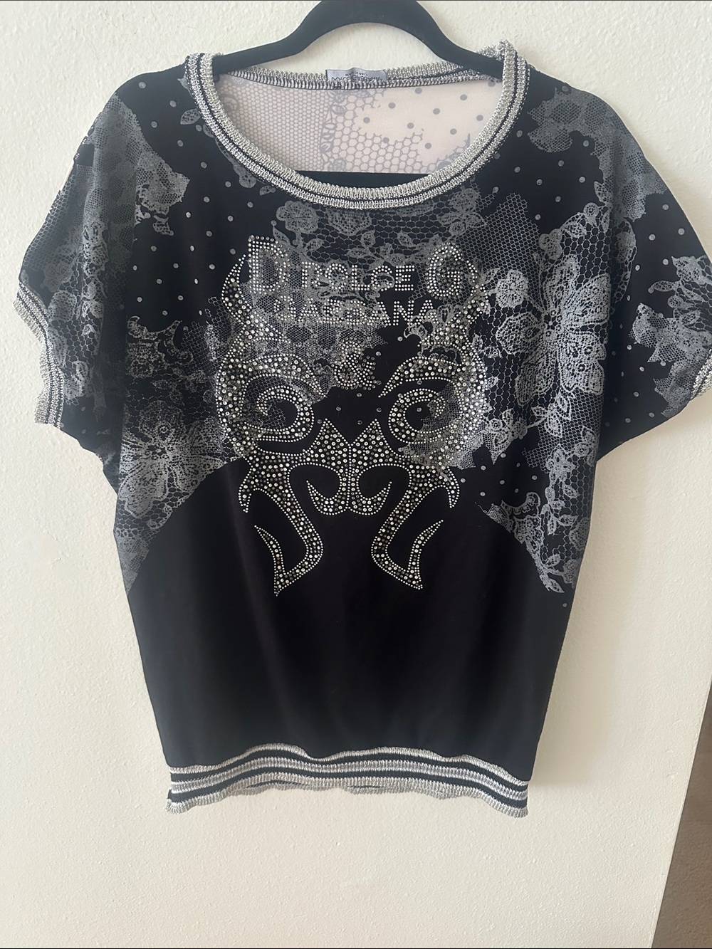 D&G Black and Silver Short Sleeve Embellished Tee